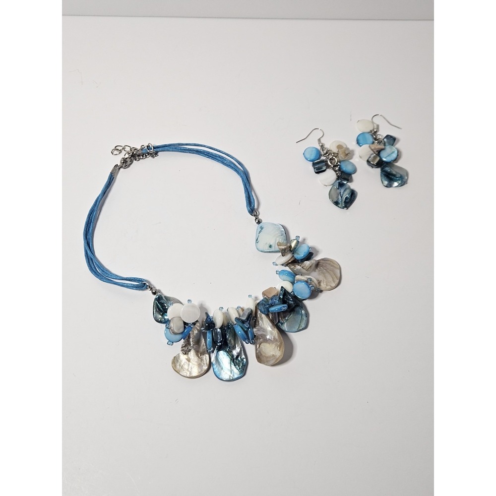 Blue Mother of Pearl Shell Cluster Multi Strand Necklace and Dangle Earring Set